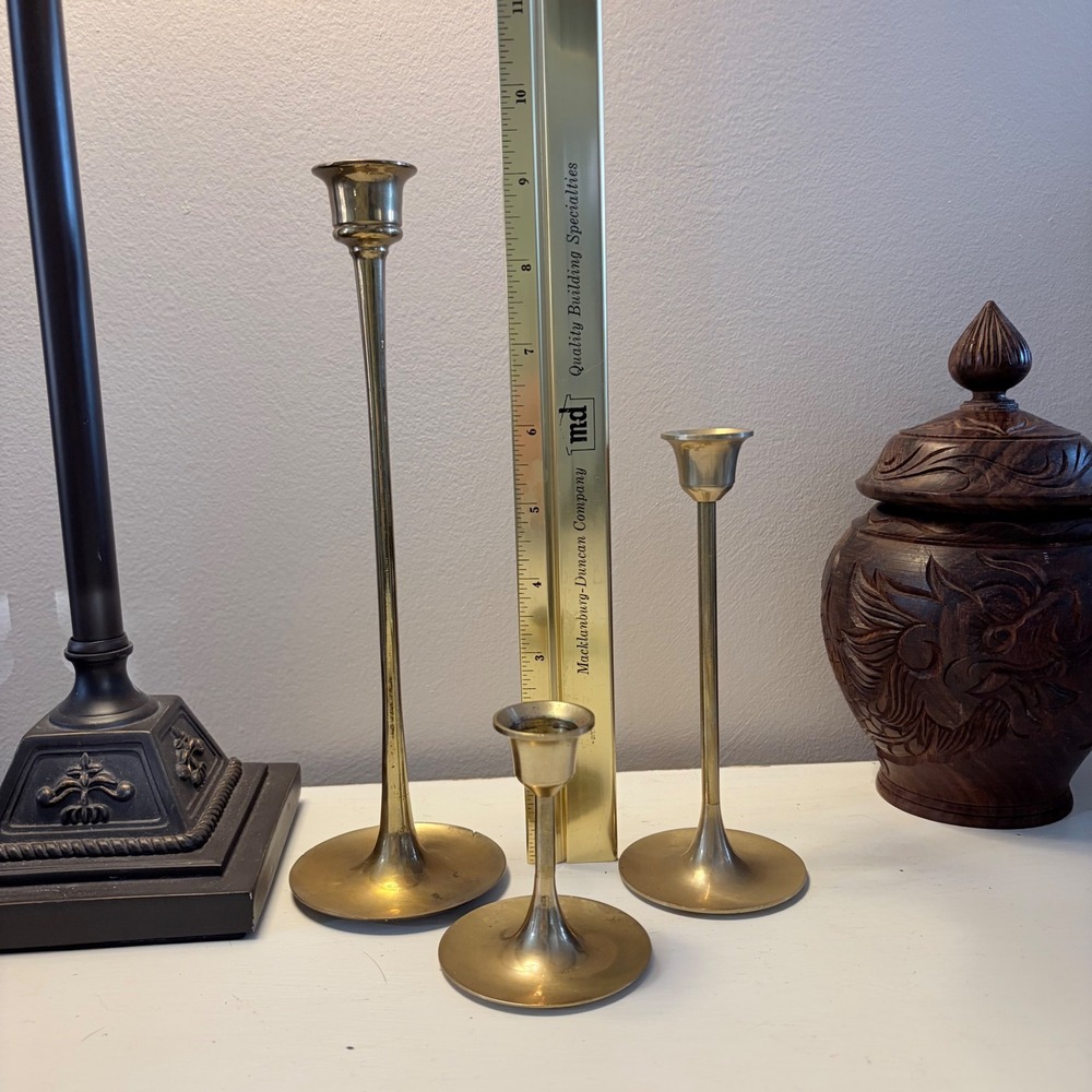 Vintage Brass Taper Candlestick Holders Lot of 3 Graduated Mid Century Modern